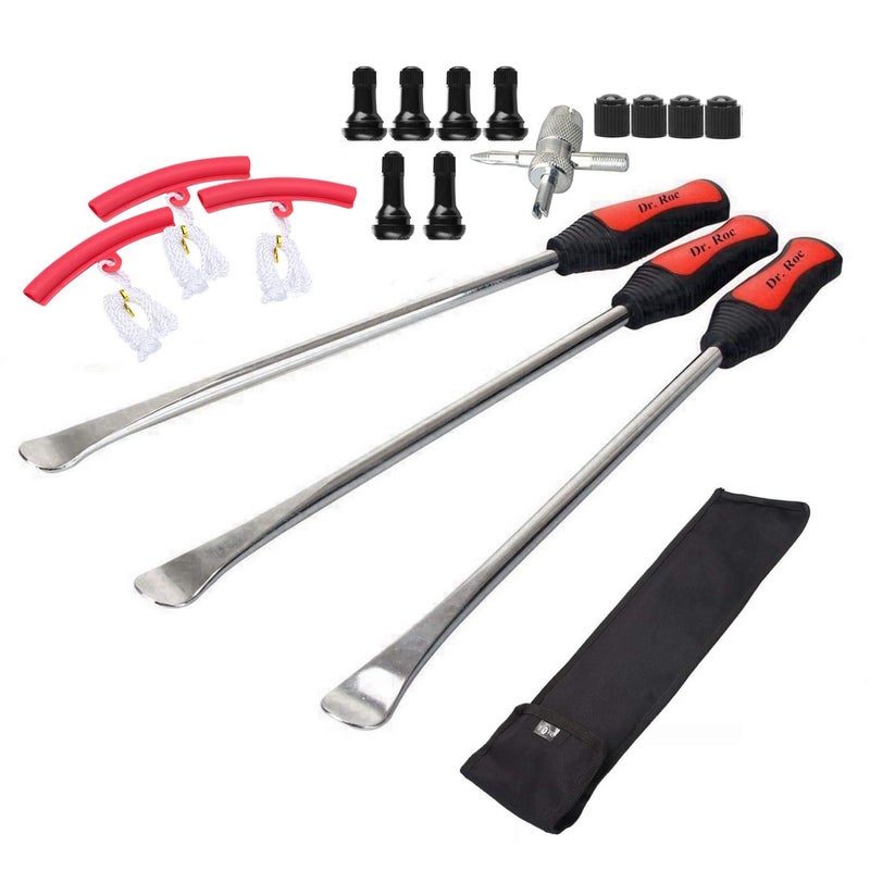 Dr.Roc 14.5 inch Perfect Leverage Tire Spoon Lever Iron Tool Kit Motorcycle Dirt Bike Lawn Mower Tire Changing Tool with Bag 3X Tire Spoons 3X Rim Protectors 1x Tire Valve Stems Set TR412 TR413 - Image 1